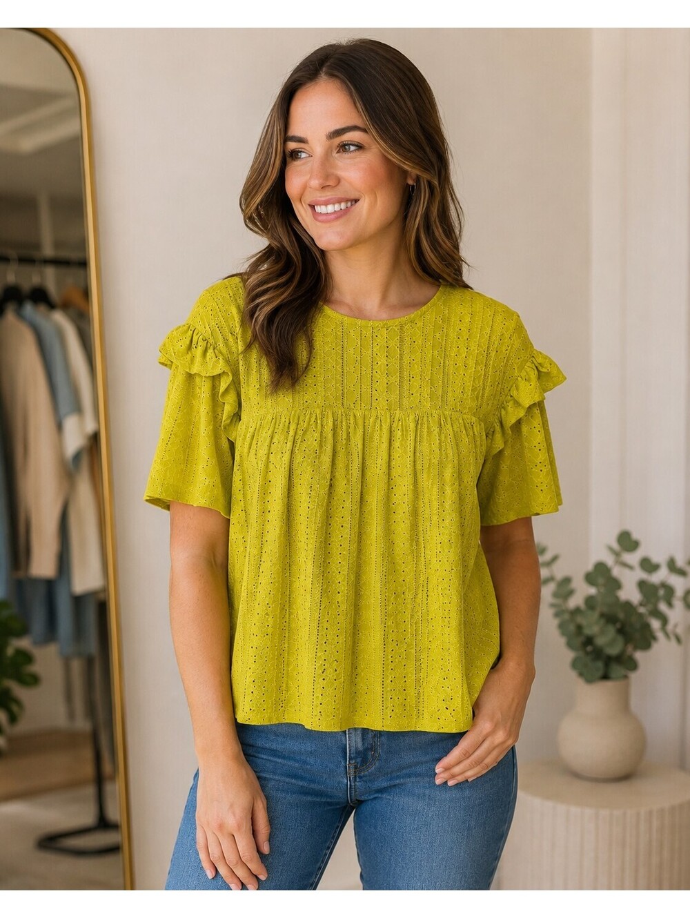 Entro Women's Lime Green Eyelet Ruffle Sleeve Blouse Size S